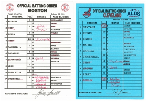 Lot of (2) 2016 Cleveland Indians/Boston Red Sox Lineup Cards - October 10, 2016 David Ortiz Final Game (Beckett)